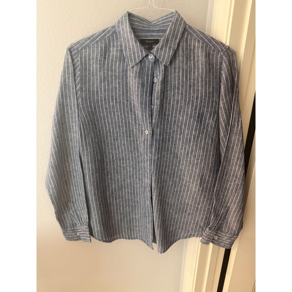 Quince Womens Blue White Striped 100% Linen Long Sleeve Button Down Shirt Size M